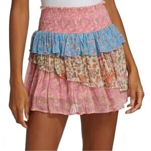 nwot RAMY BROOK Skirt S Floral PinkBlue A-Line Smocked Waist Layered Tiered Mini